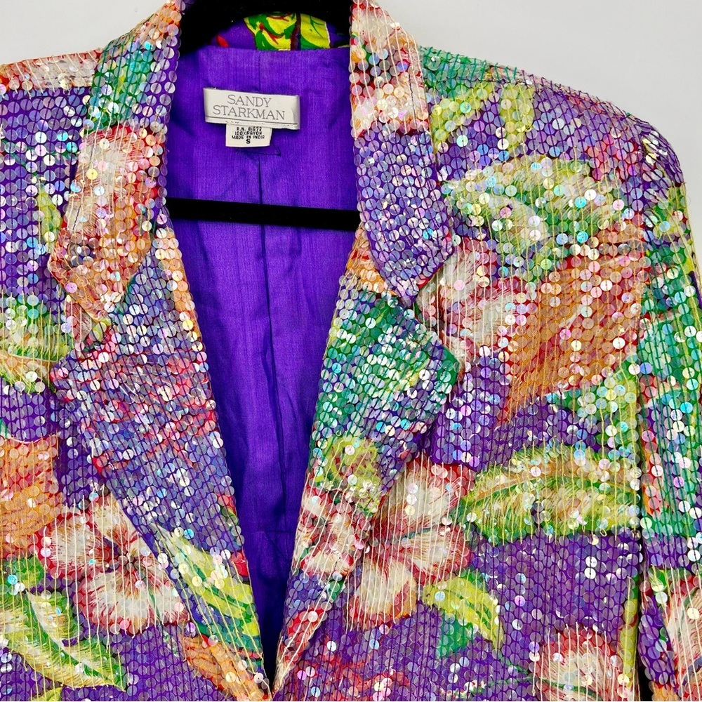 Sandy Starkman Floral Sequin Embroidered Tropical Blazer Vintage Y2K Rare 6